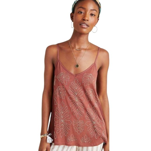 Anthropologie Alison Rust Beaded Palm Leaf V-Neck Linen Blend Tank - Picture 1 of 13